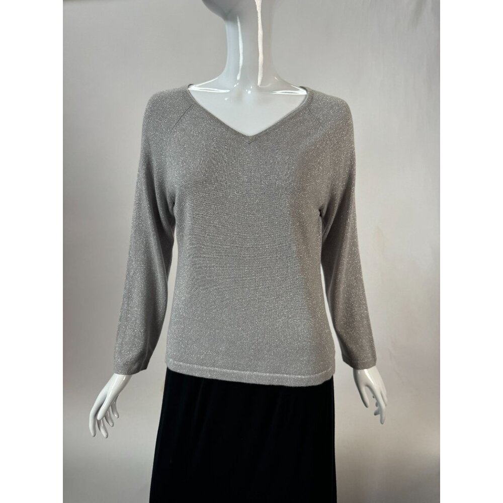 Petite Sophisticate Metallic Knit V-Neck Sweater Size Medium Silver